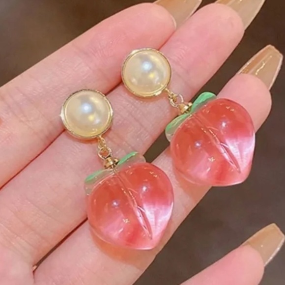 ❤️ FREE Peach Fruit Pearl Faux Chic Art Hip Modern Pop Girly Artsy Earrings - Picture 5 of 5